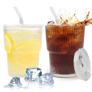 Neerow Glasbecher mit Deckel und Strohhalm 400ml Luftdicht Wasserdicht Design für Saft und Wasser
