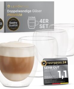 Lemontree 4er Set Cappuccino Tassen - Gastronomie Qualität - 180 Grad spülmaschinenfest - doppelwandige Kaffeegläser für