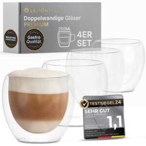 Lemontree 4er Set Cappuccino Tassen - Gastronomie Qualität - 180 Grad spülmaschinenfest - doppelwandige Kaffeegläser für