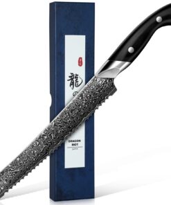 DRAGON RIOT Damast Brotmesser Wellenschliff - Scharfe Metallklinge für Profis, ideal für Brot, Bagels und Kuchen, perfek