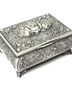 H&S Silber Antik Schmuckkästchen - Retro Schatulle für Halsketten & Ringe - Vintage Schmuckschatulle mit Gravur und Weic