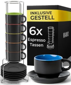 MIAMIO - Kaffeetassen Set 6er Keramik Espressotassen mit Untertasse & Ständer - Le Papillon Kollektion (Bunt)married