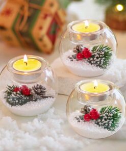 Glasseam Weihnachten Teelichtgläser 3er Set mit Roten Beeren & Tannenzapfen - Kerzenhalter Glas für Tischdeko Party