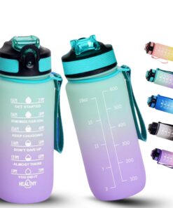 Trinkflasche Kinder 600ml BPA-frei Tritan mit Zeitmarkierung & Strohhalm – Schule Sport Outdoor (Hellgrün Lila)