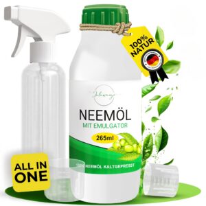 Jalawango Neemöl mit Emulgator 100% Natur, Sprühfertig, 265ml, inkl. Sprühflasche & Messbecher, ideal für Schädlingsbekä