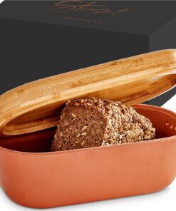 Steinzeit Design Brotbox atmungsaktivem Ton – Platzsparendes Aufbewahren für Ihr Brot – Brotkasten Keramik mit Bambusdec