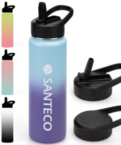 Santeneco Thermosflasche mit Strohhalm Trinkflasche Edelstahl 710ml BPA-Frei Spülmaschinenfest für Reisen und Camping.Bl
