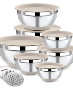 BEWOS 7-teilig Edelstahl Rührschüssel mit Deckel & Nesting Design für Küche & Catering - Khaki Böden, 0,5 - 4 L Mix & Se
