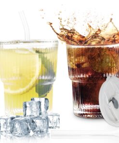 Fosoloni Luftdicht Wasserdichte Glasbecher mit Trinkhalm und Deckel 400ml, Kaffeegläser für Eiskaffee und Cappuccino, Te