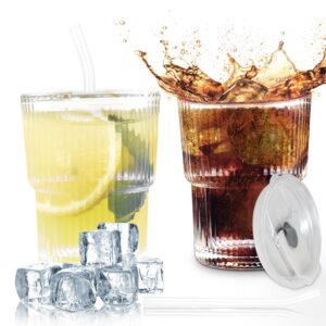Fosoloni Luftdicht Wasserdichte Glasbecher mit Trinkhalm und Deckel 400ml, Kaffeegläser für Eiskaffee und Cappuccino, Te