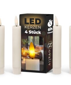 Novaliv 4X Stabkerze LED bewegliche Flamme Wachs - Echtwachs Weiß - Indoor für Advent - 12,5cm Höhe / 2 AAA Batterien no