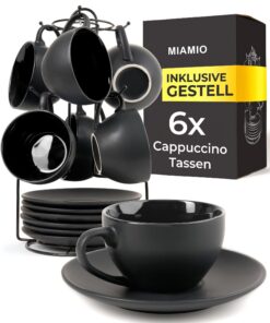 MIAMIO Schwarz Cappuccinotassen Set 6 x 175 ml mit Unterteller & Ständer - Le Papillon Kollektion