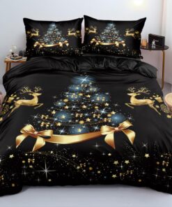 Luofanfei Weihnachtsbettwäsche Schwarz Gold Blau Weihnachtsbaum Rentier 135x200cm Warm und Weich Microfaser Set