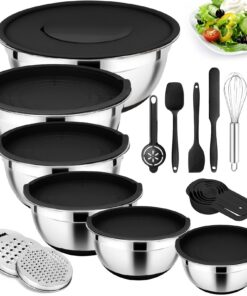 Kawaology Rührschüsseln Schwarz - Edelstahl 26-teilig mit luftdichten Deckeln für Küchenhelfer-Set und rutschfesten Bode
