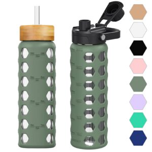 HYDRAGLAZIC 700ML Glaswasserflasche mit BPA-freiem Oliver-Deckel Sport Wasserbecher mit Zeiterinnerung und Silikonhülle