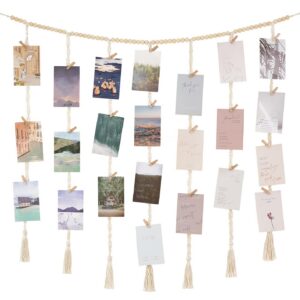 Mkono Makrame Hängende Foto-Display Boho Dekor für Schlafzimmer & Wohnzimmer - Holz Perlen Girlande mit 45 Clips - Teena
