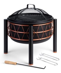VonHaus 2-in-1 Feuerschale mit BBQ-Grill – für Garten & Terrasse, inklusive Feuerhaken & Mesh-Deckel aus schwarzem Stahl