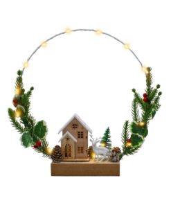 Spetebo LED Dekoring - 20 LED mit Holzhaus - Weihnachtsdekoration für den Tisch - Metall Aufsteller mit Timer - Wintersz