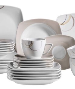 MÄSER Serie Nela Weiß / Braun - 30-teiliges Kombiservice für 6 Personen - Eckiges Geschirr-Set - Hochwertig und robust