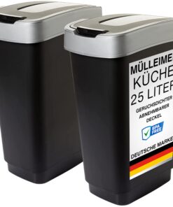 SUSTANIA Duo Mülleimer Schwarz 25L - Geruchsdicht Doppel Abfalleimer für Küche, Robust Recycelbarer Kunststoff, 2er Set,