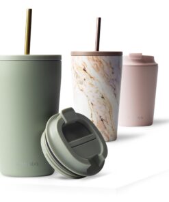 MAMEIDO Thermobecher Coffee to go mit Strohhalm 470ml Desert Sage