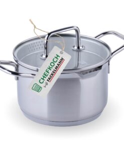 Chefkoch trifft Fackelmann Premium Edelstahl Kochtopf mit Glasdeckel 16 cm – 2,0 L Volumen, 1,5 L Füllmenge, für Indukti