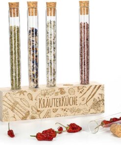 Tuuters Reagenzglashalter - aus Holz mit 5x Reagenzglas für die Kräuterküche, als Vase ideales Gewürzregal