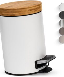 Kazai® 3L Bad-Mülleimer | Bambus-Holzdeckel mit Absenkautomatik | Anti-Fingerabdruck Pedal Weiß