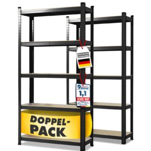 KARAT Schwarz 2er Set Schwerlastregal - Lager- und Kellerregal mit 5 verstellbar Böden - 40 x 90 x 180 cm KARAT Schwarz