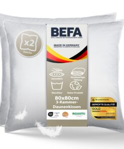 BEFA NATUR 90% Daunen 10% Federkissen 80x80 cm (2 Stück) | 1400g Füllgewicht | Tierwohl | Allergiker freundlich | OEKO-T