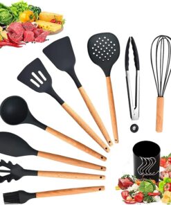 Ozvavzk Küchenhelfer Set, 11 Stk. Silikon Antihaft Kochbesteck, Spülmaschinenfest, Hitzebeständig, Holzgriffe, BPA-frei