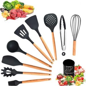 Ozvavzk Küchenhelfer Set, 11 Stk. Silikon Antihaft Kochbesteck, Spülmaschinenfest, Hitzebeständig, Holzgriffe, BPA-frei