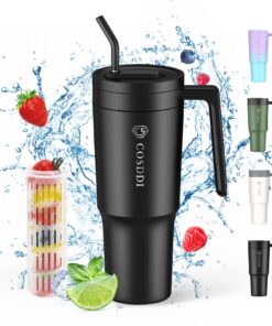 CS COSDDI Thermobecher, Isolierbecher mit Stroh und Griff 40oz für Fahrzeuge und Outdoor-Activitäten Doppelwandiger Edel