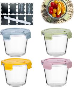 4er Glas Suppe Behälter für Geschirrspüler, Mikrowelle und Gefrierfach mit Luftdichten Lids und Etikett