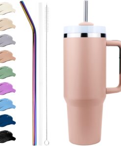 Disoza Thermobecher Mit Deckel und Strohhalm Rosa To Go Kaffeebecher 40 Oz Wasserflasche Mit Henkel