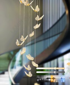Moderner Goldener LED-Kronleuchter, Dimmbar, Für Flur und Esszimmer, Höhenverstellbar, Mit Fernbedienung, 13 Schmetterli