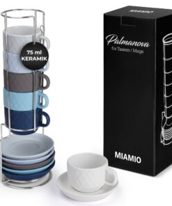 MIAMIO Espresso Tassen Set mit Ständer Steingut Keramik - für Rozariewo Verbraucher im Café (6 x 75 ml) - Ocean Kollekti