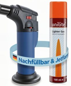 UNILITE Sturmfeuerzeug MIT Gas - Elektronik Feuerzeug Flammendurcheinander - nachfüllbar - 100 ml Nachfüllgas im Set - I