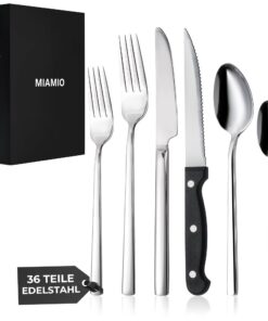 MIAMIO 36-teiliges Edelstahl Besteck Set für 6 Personen - Spülmaschinenfest | MIAMIO Silberfarbiges 36-teiliges Besteck
