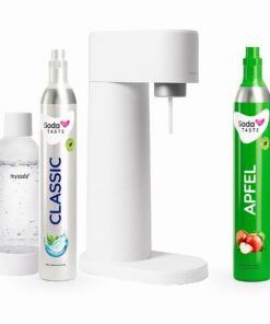Mysoda Woody Wassersprudler - erneuerbares Holzkomposit, BPA-freie 1L-Flasche, CO2-Zylinder Classic & Apfel (Weiß) Mys