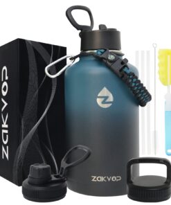 ZAKVOP Thermosflasche 2L - Edelstahl, Strohhalmen, 3 Deckeln | Fitnessstudio-Thermoskanne mit Paracord Griff (Blau+Schwa
