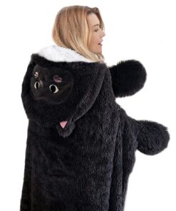 Lanqinglv Warme Plüsch Flanell Fleecedecke für Frauen mit Kapuze und Handschuhen, tragbare Sofadecke Schwarz Katze Muste