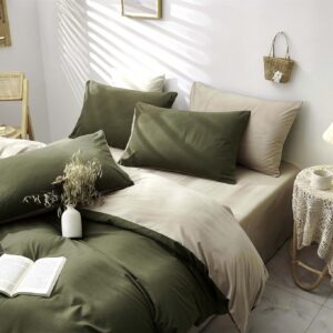 Freyamy Grün Dunkelgrün Beige Bettwäsche Set 2teilig 135x200 cm Wendebett Mikrofaser Reißverschlüsse