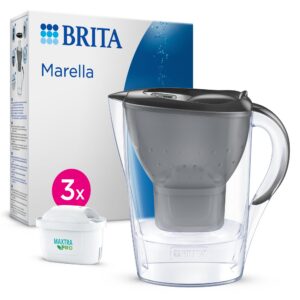 BRITA Wasserfilter Kanne Marella graphit (2,4l) – Reduziert Kalk, Chlor, Blei & Kupfer & geschmacksstörende Stoffe – 3x
