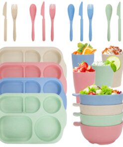 Unzerbrechliches Geschirr Set für Erwachsene, 24 Stück Kunststoff Geteilte Teller Sets, Schüsseln Set, Besteck Set - Wie