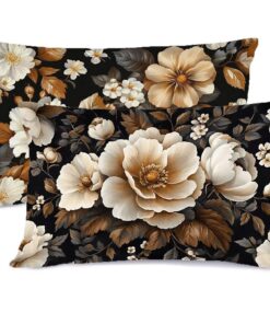 Kissenbezug 40x80 Beige - Deko mit Blume, Reißverschluss, Leinen, für Schlafzimmer - Halloween Deko G - 562 Kissenbezu