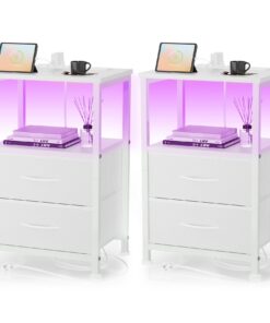 Yornoli Nachttisch 2er Set mit LED & Ladefunktion | Weiß | für Wohnzimmer und Schlafzimmer | 3 AC-Anschlüsse & 2 USB-Ans