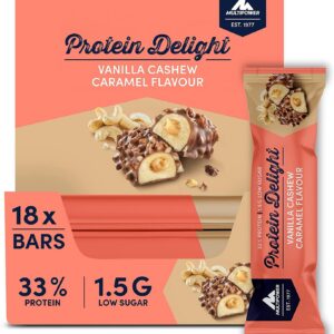 Multipower Protein Delight Eiweißriegel – 18 x 35g – Ideal für Sportler – Vanille Cashew Caramel – Lecker und gut für de