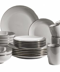 MÄSER Metallic Rim Geschirr Set für Moderne Dinner mit messingfarbenem Rand, 24-teiliges Kombiservice Grau
