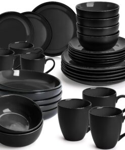 MIAMIO Geschirrset für 6 Personen - Steingut Tafelservice 30-teilig - Le Papillon Kollektion (Schwarz, 30 Teile Set)